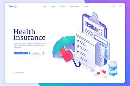 Health insurance banner. Concept of healthcare, personal medical protection. Vector landing page with cartoon illustration of clipboard with claim form, umbrella, heart, calculator and pharmacy drugs