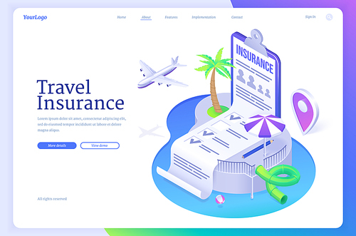 Travel insurance isometric landing page. Policy document form lying on beach with pool, palms and airplane. Traveler life and health protection, guarantee paper, 3d vector illustration, web banner