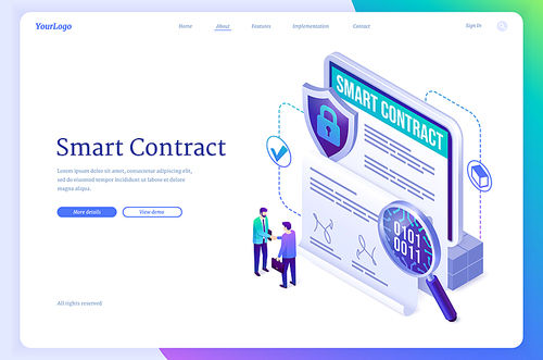 Smart contract isometric landing page. Concept of electronic signature, blockchain crypto technology. Businessmen handshake at huge tablet with digital online e-contract document 3d vector web banner