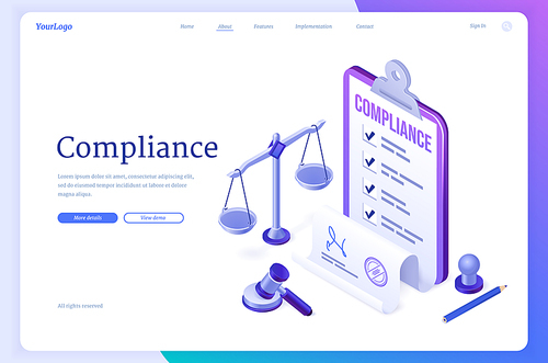 Compliance isometric landing page, concept of business policy documents for law legal regulation quality and procedures with document scales, gavel, seal stamp and pencil, 3d vector web banner