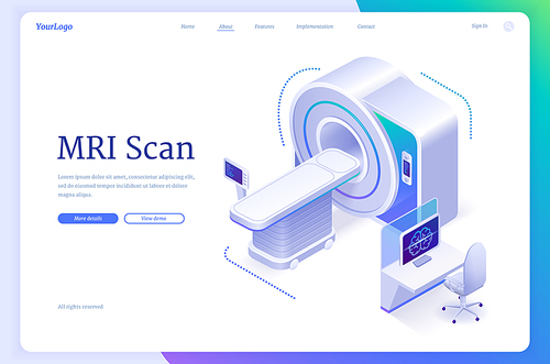 MRI scan banner. Magnetic resonance imaging technology, health diagnostic. Vector landing page of medical test with isometric illustration of MRI scanner and computer in hospital or clinic
