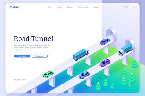 Road tunnel banner with car traffic on highway and tunnel entrance in wall. Vector landing page with isometric illustration of overpass, bridge with freeway, vehicles, trucks and underground corridor
