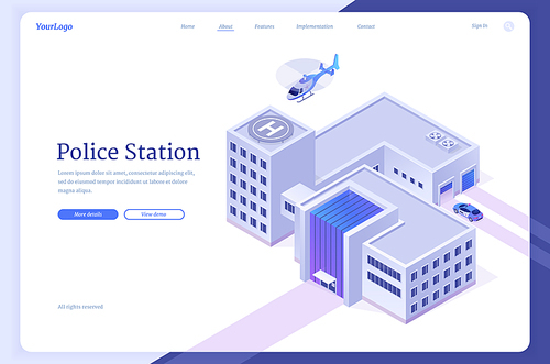Police station banner with building facade, patrol car and chopper. Vector landing page of policeman department office with isometric illustration of precinct house and helicopter