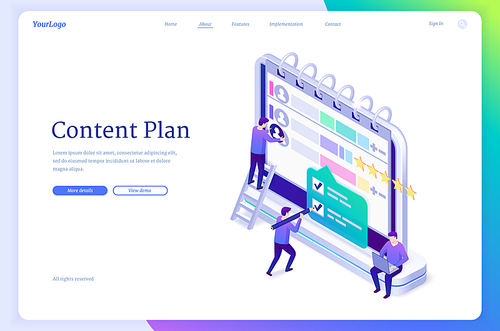 Content plan isometric landing page. Work organization in social media, publication management concept. Tiny people working around huge computer screen with calendar and profiles, 3d Vector web banner