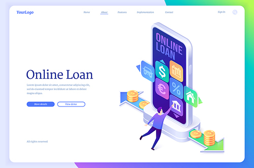 Online loan isometric landing page, banking credit service with tiny man use smartphone application to get lending money payment. Financial concept, mobile app for digital device, 3d vector web banner