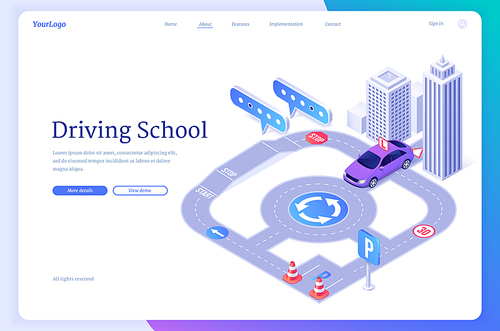 Driving school isometric landing page, student driver pass exam on training car at city road with traffic cones, ring, parking zone and markup. Education program for license, 3d vector web banner