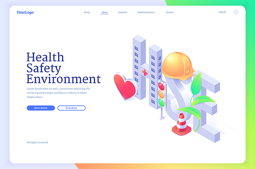 Hse, health safety environment isometric landing page. Working security concept with helmet, heart, cone and sprout. Healthcare environmental protection and safe work conditions, 3d Vector web banner