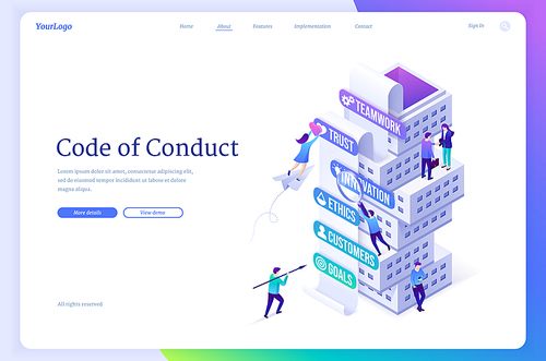 Code of conduct isometric landing page, company business rules concept with tiny office people at tower of core values teamwork, trust, innovation, ethics, customers and goals, 3d Vector web banner