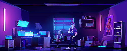 Teenager drinks coffee in bedroom with workspace of gamer, programmer or hacker at night. Vector cartoon interior room with chair, computer monitors on desk and printer on shelf