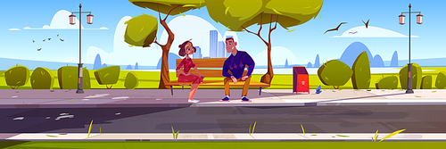 Happy couple on date in city park. Public garden with man and woman sitting on wooden bench, lanterns, green trees and grass. Vector cartoon landscape of summer park with people