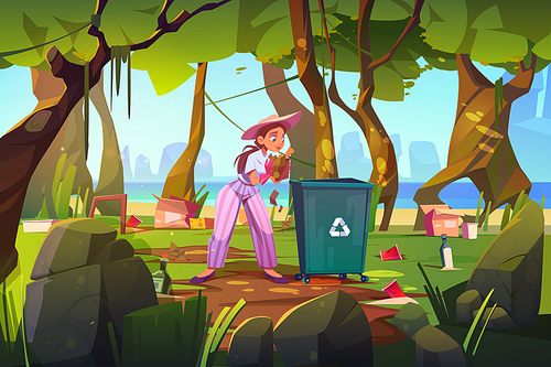 Woman clean up forest and beach area. Girl at ocean shore polluted with plastic garbage. Sea side with different kinds of trash and wastes under trees. Ecology pollution, Cartoon vector illustration