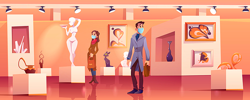 Visitors wear medic masks in museum with modern artworks. Art gallery interior with contemporary exhibition and tourists during coronavirus pandemic. People look exposition cartoon vector illustration