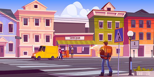 Traveler man with map and backpack on retro city street with antique buildings and porter unload car with alcohol bottles in boxes near store entrance with saleswoman, Cartoon vector illustration