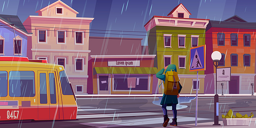 Rain on city street with houses, tram and pedestrian man waiting in front of crosswalk. Vector cartoon illustration of town with buildings, tramway and walking person on sidewalk at rainy weather
