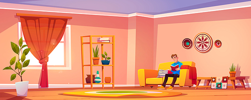 Man read book at home, young male character sitting on couch in bohemian style interior relaxing reading interesting literature or prepare to examination, education concept Cartoon vector illustration