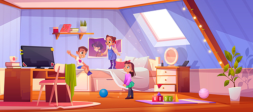 Kids playing in attic room, children in home interior with pc on desk, bed, toys on floor, nightstand with cosmetics and mirror, brother with sisters or friends indoor game Cartoon vector illustration