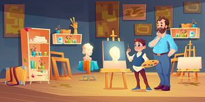 Art class scene with child studying painting with teacher support. Student boy in artist studio drawing plaster head on canvas stand on easel, lesson in drawing school, Cartoon vector illustration