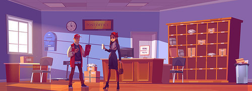 Woman visit post office. Young girl show letter to man employee on reception desk with parcels lying on shelves. Mail delivery service, postage, female customer get package cartoon vector illustration
