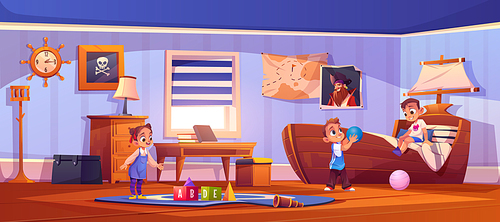 Kids in bedroom in pirate thematic with ship bed, captain portrait and pirate flag on wall. Vector cartoon illustration of boys and girl playing with toys in children room