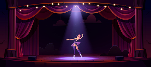 Ballerina dance on stage, girl perform classic ballet on theater scene with red curtains, spotlight and wood floor. Professional dancer woman choreography under light beam, Cartoon vector illustration