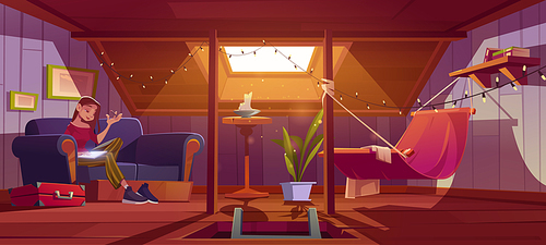 Woman seats with tablet on couch in cozy room on attic. Vector cartoon interior of mansard for relax and recreation. Girl relax on garret lounge with hammock, sofa and window in roof