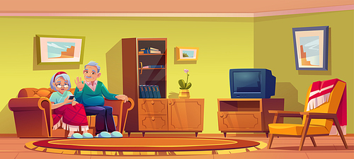 Senior man and woman talking by mobile phone sit on couch in nursing home room interior. Old lady wrapped in plaid and grey haired pensioner relax on sofa use smartphone, Cartoon vector illustration