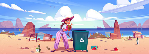 Woman collects trash to garbage bin on sea beach. Concept of environmental problems, ecology and ocean pollution. Vector cartoon illustration of volunteer clean up waste for recycle on sea coast
