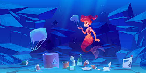 Cute mermaid on polluted ocean bottom with plastic trash and toxic waste. Underwater cartoon character pretty girl with red hair and fish tail swim in dirty sea water with garbage, Vector illustration