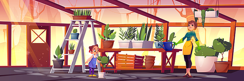 Woman and girl care plants in glass greenhouse. Vector cartoon interior of hothouse for cultivation and growing garden plants in pots. Mother with watering can and daughter in orangery