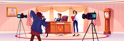 Press conference with politician woman and journalist with camera making pictures during live presentation in government office with american flag and secretary girl, Cartoon vector illustration