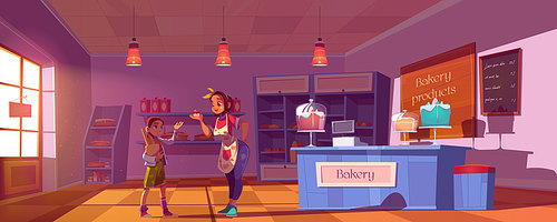 Confectionery shop cartoon vector illustration. Girl buying products in bakery, woman owner of bake house giving sweet cupcake to little customer holding paper shopping package with bread and baguette