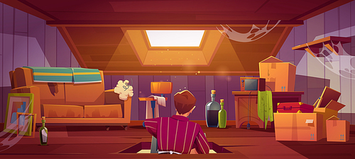 Man climb on attic by ladder through roof hatch, character in room with old things and furniture. Discreet garret with antique radio, sofa, carton boxes and wine bottles, Cartoon vector illustration