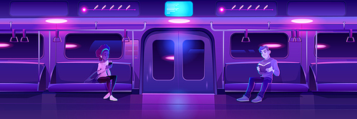 People in night subway train car. Woman with phone and man with book in metro wagon with neon glowing illumination. Underground railway carriage with sitting passengers, Cartoon vector illustration