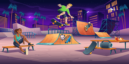 Teenagers at night skate park, rollerdrome perform skateboard jumping stunts on pipe ramps and relax. Extreme sport, graffiti, youth urban culture and teen street activity, Cartoon vector illustration