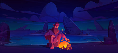 Alone castaway man on uninhabited island with bonfire at night. Vector cartoon illustration of desert sea beach with stones, fire and lost person. Survivor after shipwreck character