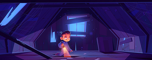 Kid in abandoned house attic at night, little boy in pajama with flashlight explore old mansard room with holes and spider web on roof with wood floor and boarded up window Cartoon vector illustration