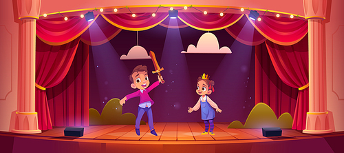 Kids on theatre stage, little children actors playing fairy tale concert with knight and princess characters on school scene with red curtains, illumination and scenery, Cartoon vector illustration