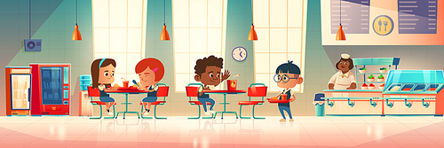 Children eat in school canteen. Vector cartoon illustration of cafeteria interior with tables, chairs, vending machine, water cooler, kids with food trays and staff at counter bar