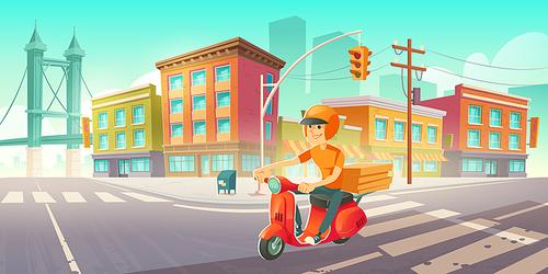 Delivery man on scooter with pizza boxes drives on city street. Vector cartoon cityscape with boy on red motorcycle on road. Courier boy on moped deliver fast food from restaurant