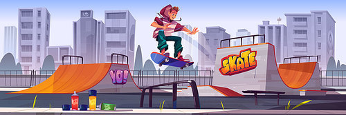 Skate park with boy riding on skateboard. Vector cartoon cityscape with ramps, graffiti on walls, aerosols for drawing and teenager jump on track. Playground for extreme sport activity