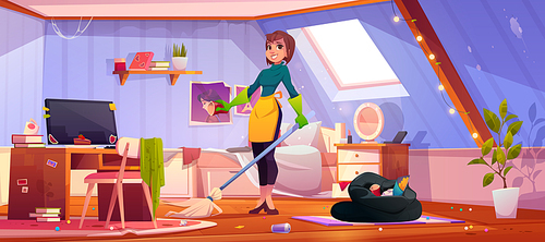 Woman clean teenager room, mother, housewife or cleaning service staff with broom wear rubber gloves and apron stand in messy interior with scatter garbage. Household chore Cartoon vector illustration