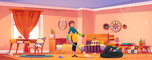 Woman clean bedroom in bohemian style. Mother, housewife or cleaning service staff with broom wear rubber gloves and apron stand in messy boho interior with scatter garbage Cartoon vector illustration