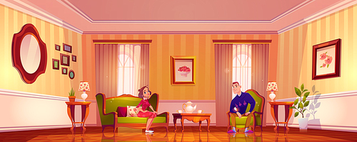 Happy couple in living room in classic victorian style. Man and woman relax at home. Vector cartoon illustration of wife and husband in vintage lounge interior with couch, chair and table with tea