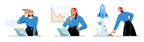 Startup successful launch business project boost. Employee man push on start button and rocket fly up. Manager woman analysing company statistics on laptop in office, Line art flat vector illustration