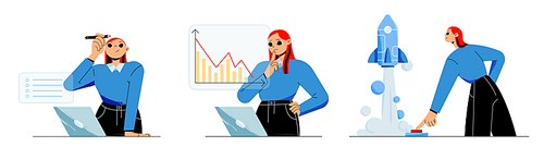 Startup successful launch business project boost. Employee man push on start button and rocket fly up. Manager woman analysing company statistics on laptop in office, Line art flat vector illustration