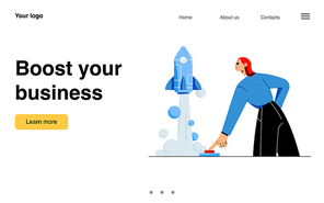 Boost your business banner. Concept of fast launch and development project, start up. Vector landing page of startup strategy with flat illustration of woman pushing button and flying rocket