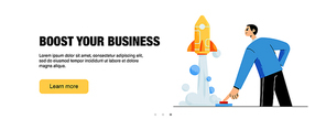 Boost your business web banner. Startup success, launch project concept with man push on start button and rocket fly up. Management and development innovation, Line art flat vector footer or header
