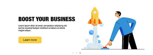 Boost your business web banner. Startup success, launch project concept with man push on start button and rocket fly up. Management and development innovation, Line art flat vector footer or header
