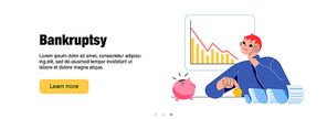 Bankruptcy poster with sad man loss money. Concept of financial problems, business debt and credit. Vector banner with flat illustration of depressed bankrupt person, broken piggy bank and down graph