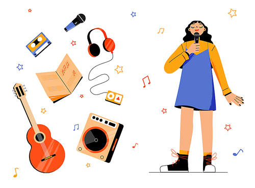 Music and singing hobby concept. Young girl sing with microphone and musical items around. Karaoke entertainment, vocalist classes learning or recreational amusement. Line art flat vector illustration